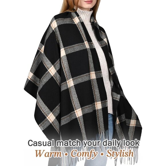 Women's Black Winter Shawl Soft Tassel Plaid Large Oversized Scarves Wraps - Picture 3 of 7